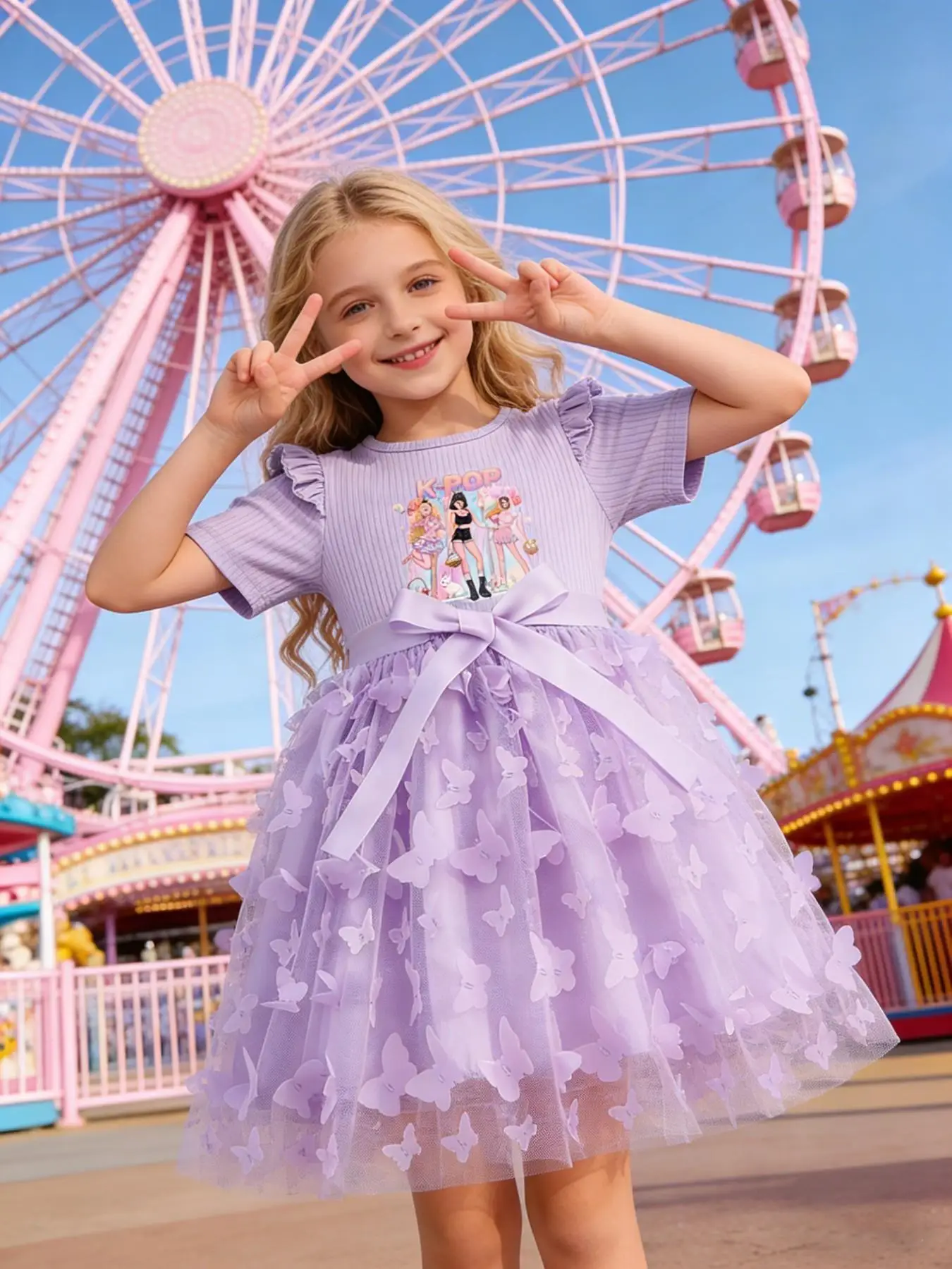 Lila Tüllkleid für Mädchen, K-POP-Cartoon-Print, gerippte Flatterärmel, große Schleife, 3D-Schmetterlings-Tutu-Kleid – Detail 4