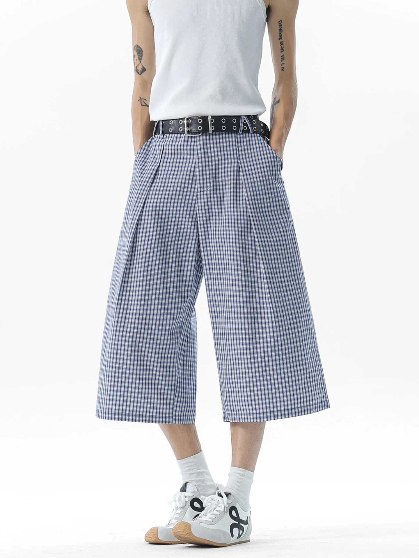 

Синие клетчатые винтажные американские ретро плиссированные прямые свободные повседневные мужские летние широкие брюки молодежная повседневная одежда