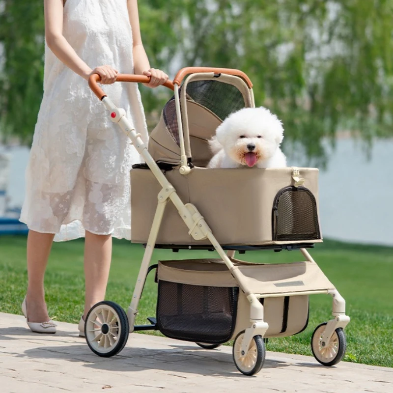 Foldable Large Pet Stroller Double Space Dog Cat Outdoor Pet Carriers Foldable Dog Carriers Reflective Strip Storage Basket