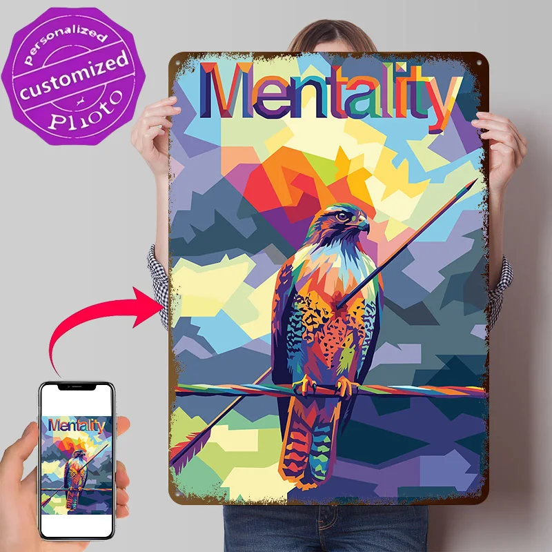 Mentality Hawk With Arrow 3D Texture Metal Poster Customized Wall Art Tin Sign Gift for Mancave Room Decorations Man House Decor