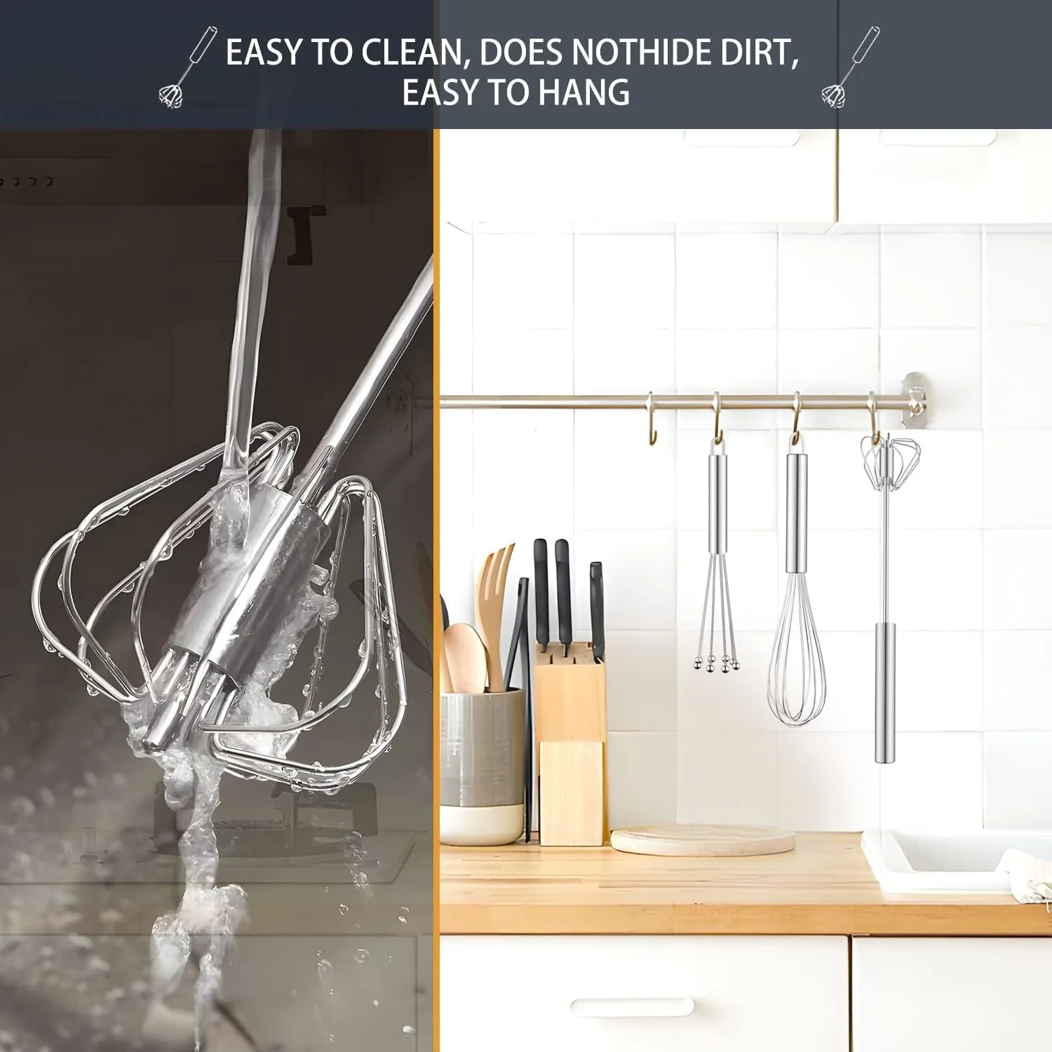 Stainless Steel Whisk Set (3-Piece) – Includes Balloon Whisk, Flexible Whisk with Beads, and Semi-Automatic Whisk - view 5