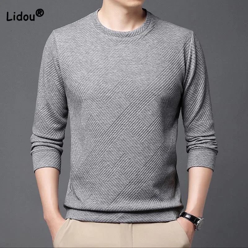 trend All-match men's  Solid Long Sleeve Tops spring autumn Casual handsome Round neck jacquard weave pullovers  Male Clothes