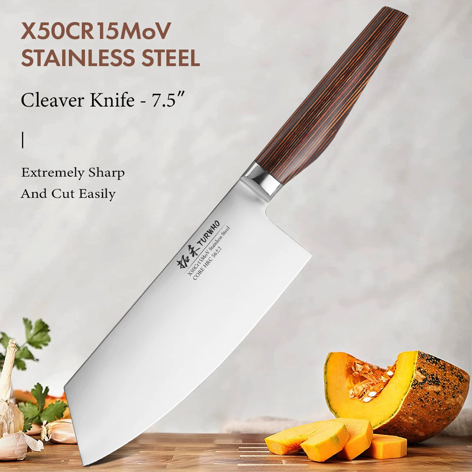 TURWHO 7.5 Inch Chinese Cleaver Knife X50Cr15MoV High Carbon Stainless Steel Kitchen Chef Knives Vegetable Blade Cooking Tools