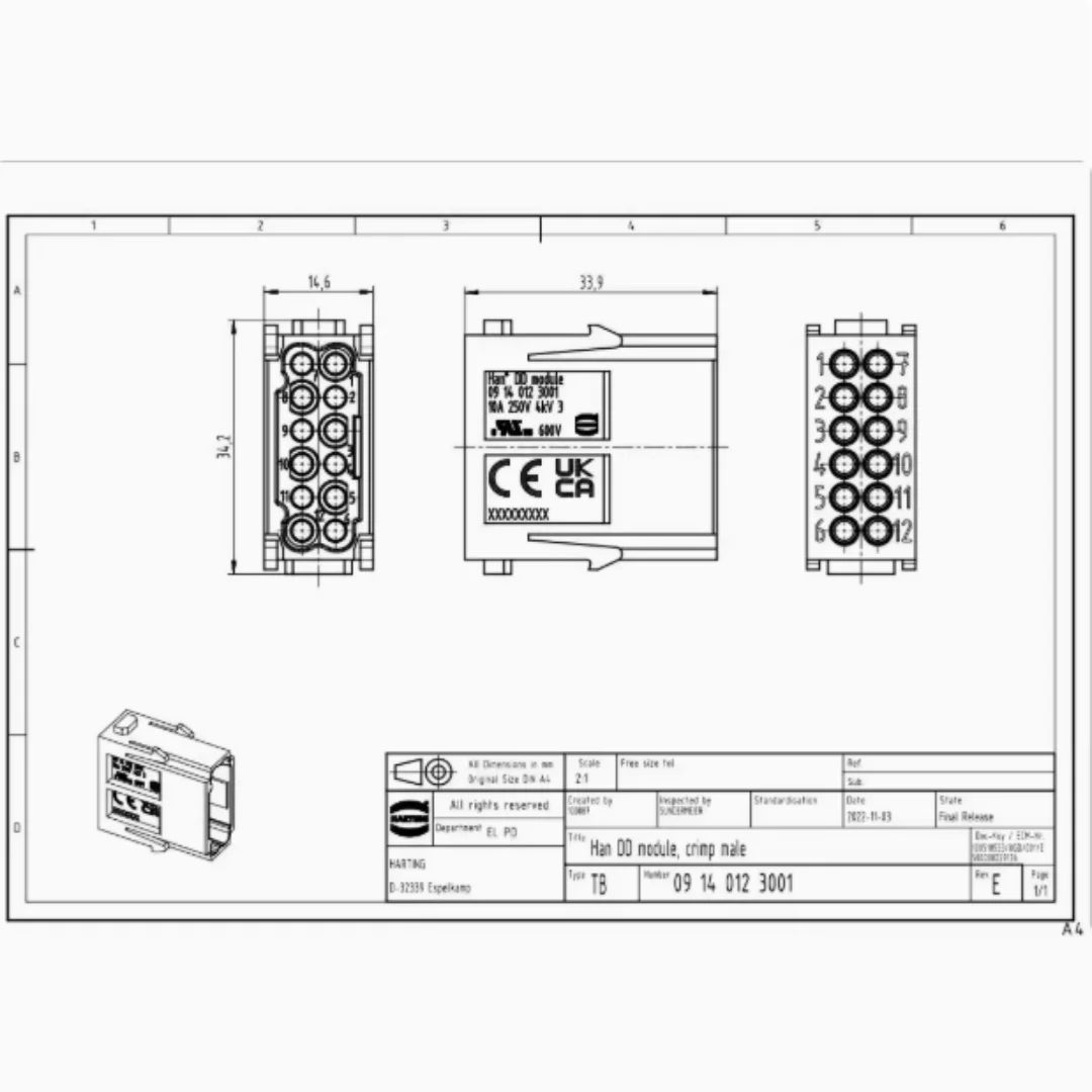 1pcs 09140123001 HARTING Combined Heavy Duty Han10A 12-Pin Male Crimp Module