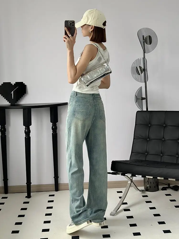 Jeans a gamba dritta a vita alta da donna Primavera Estate New Sle Loose Fit dimagranti con diamanti impreziositi pantaloni a gamba larga alla moda
