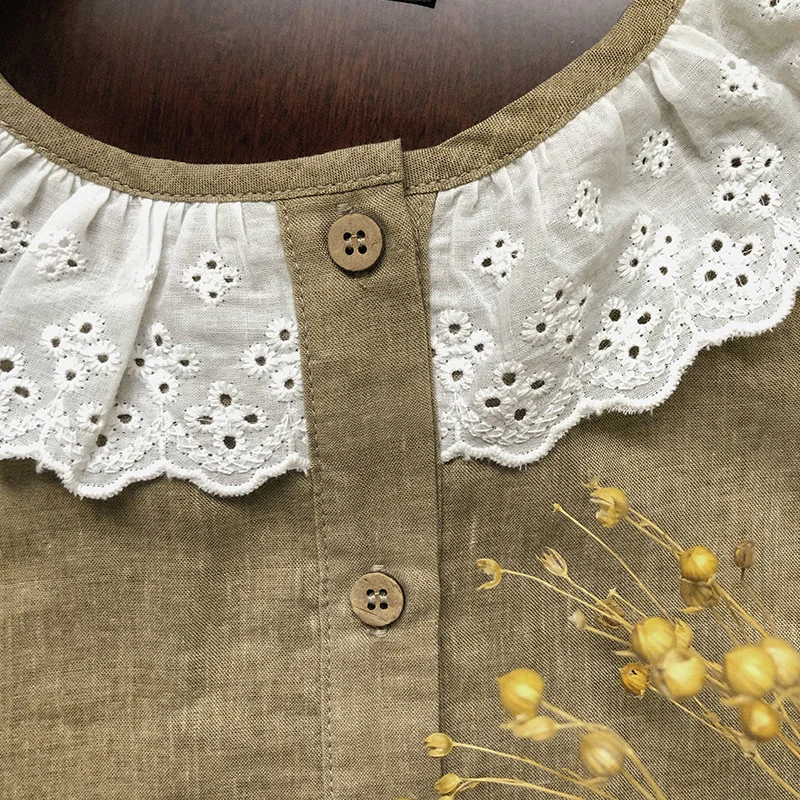 Retro Splicing Lace Doll Collar Girls Linen Shirt 2024 Autumn New Solid Color Long-Sleeved Buttons Cardigan Children\'s Shirts