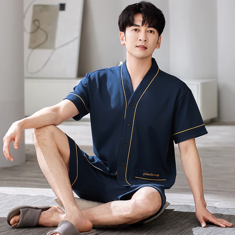 Men's 2 Piece Cotton Pajamas Sets Solid V-Neck Kimono Pyjamas Male Sleepwear Short Sleeve Shirt Short Pants Sleep Suits Homewear