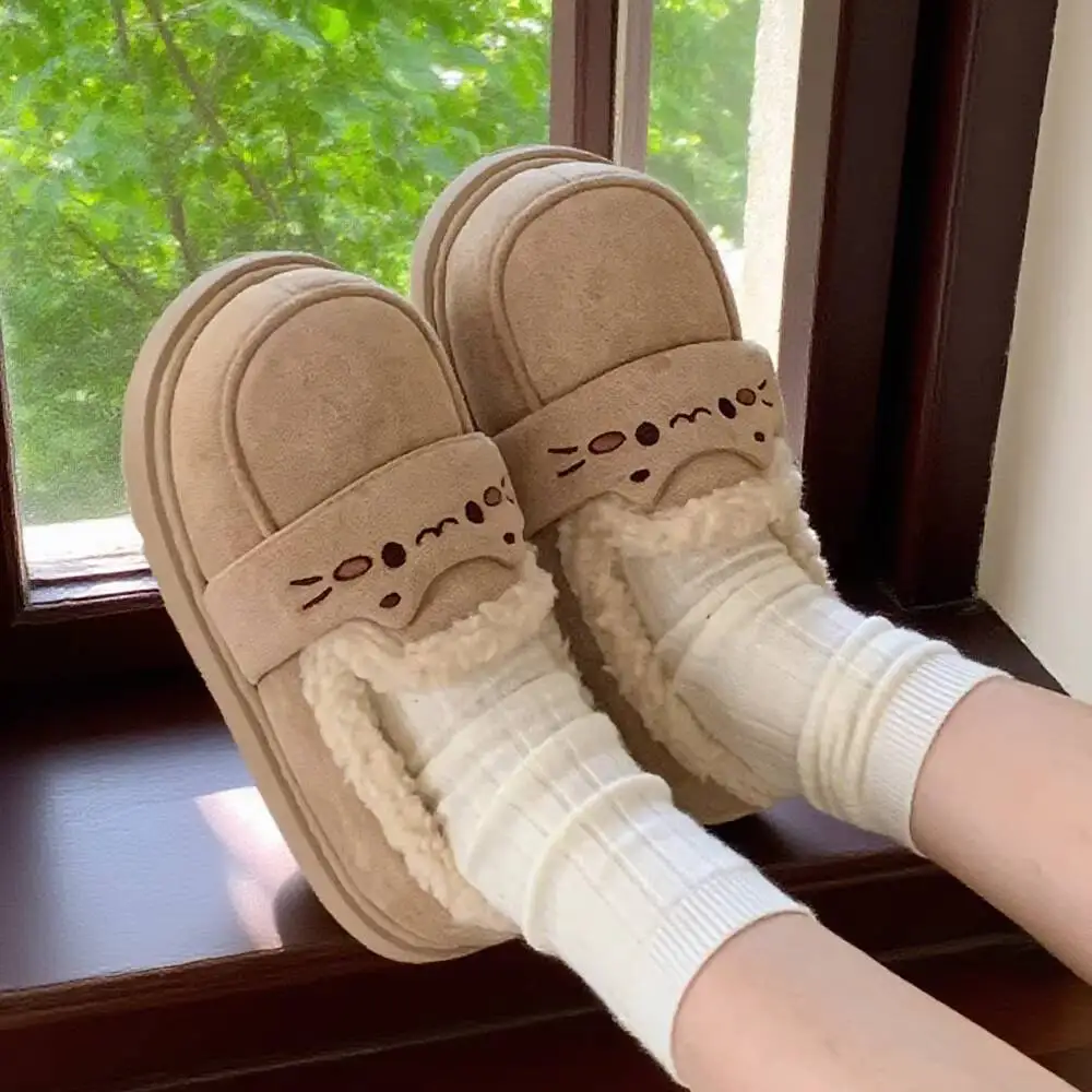 

Women's Home Slippers 2026 Winter Fleece Lined Loafer Plush Slippers Cute Cat Pattern Platform Non Slip Warm Outdoor Shoes
