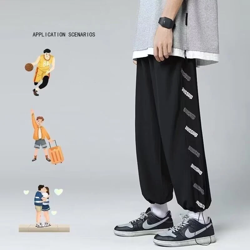 

Summer Side Letter Printed Straight Pants Men's Drawstring Sports Joggers Sweatpants Y2k Streetwear Baggy Casual Trousers