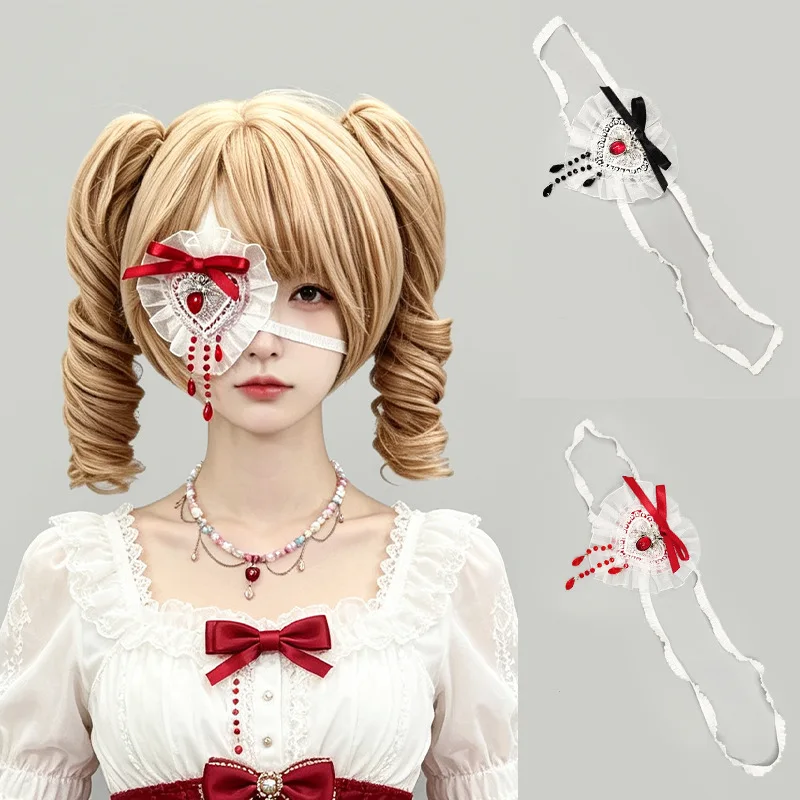 Antifaz Gótico Lolita de un Solo Ojo, Parche Ocular Oscuro Y2K de Vampiro para Cosplay con Encaje, Volantes, Borlas, Cuentas y Banda Elástica para Convenciones de Anime