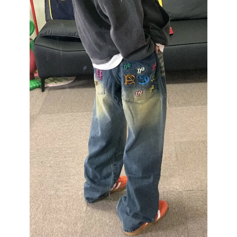

Джинсы из выстиранного денима свободного прямого кроя с вышивкой для мужчин и женщин, повседневные, удобные, длинные брюки, без бренда, без зарегистрированной торговой марки