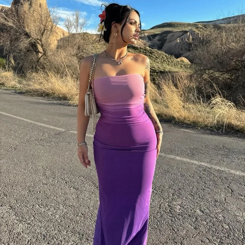 Europa e américa vento feminino verão nova moda envolto menina quente magro gradiente vestido dupla camada