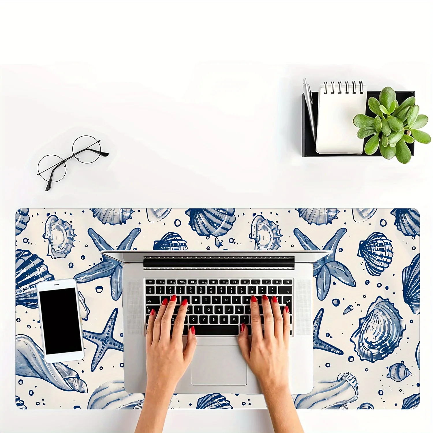 

Oceanic mouse pad XL: Waterproof Non-Slip Rubber with Stitched Edges, Blue Conch & Starfish Design for Office/School/Home