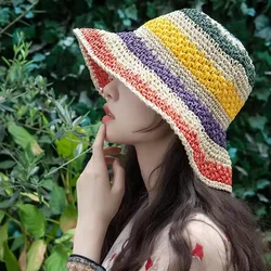 Rainbow Sun Hat Women Summer Striped Crochet Beach Bucket Hat Women Crochet Foldable Panama Hat Female Beach Sun Visor Cap