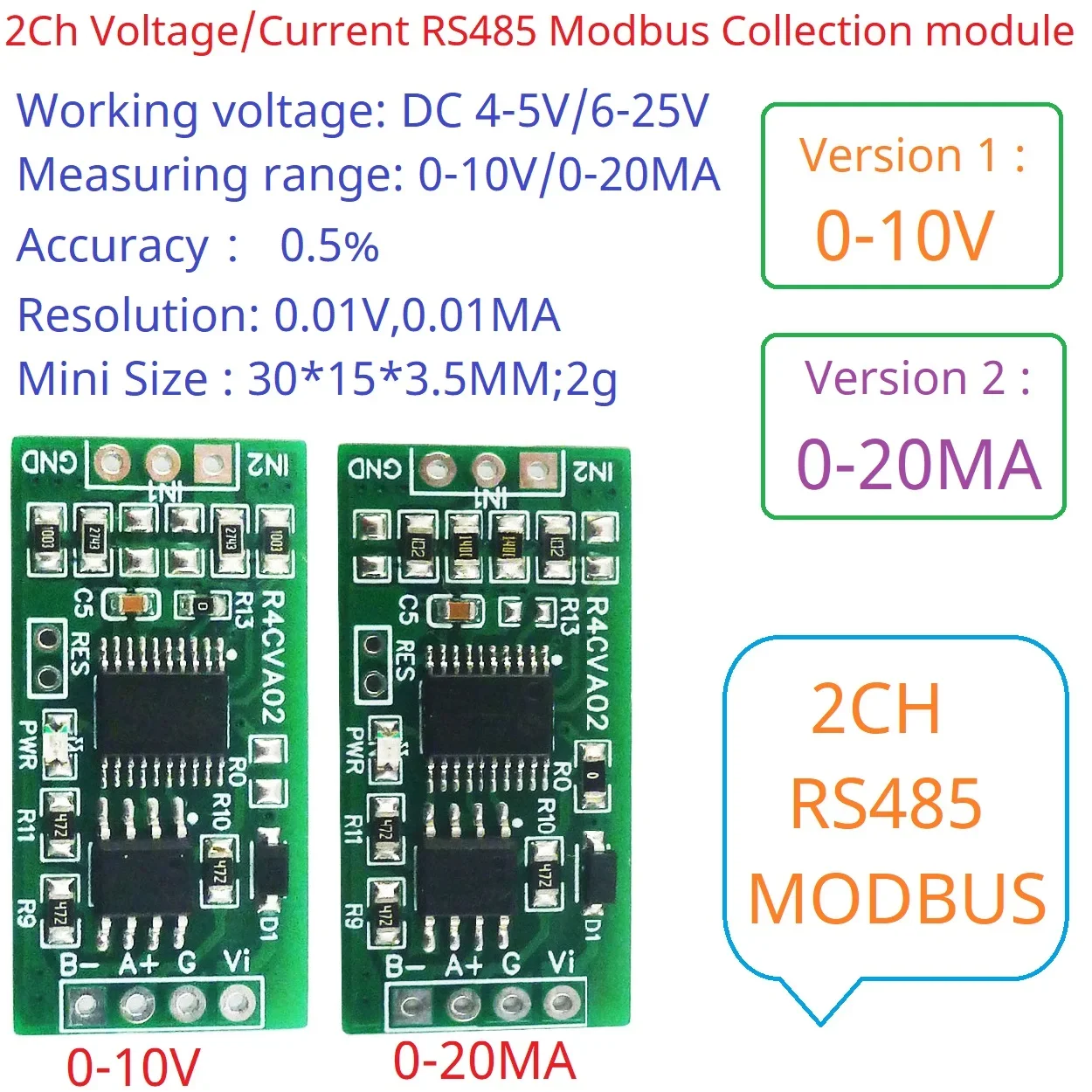 R4CVA02 Collector Module Mini 2CH Modbus RTU RS485 A/D Converter ADC 0-5V 0-10V 4-20MA 0-20MA Serial Port