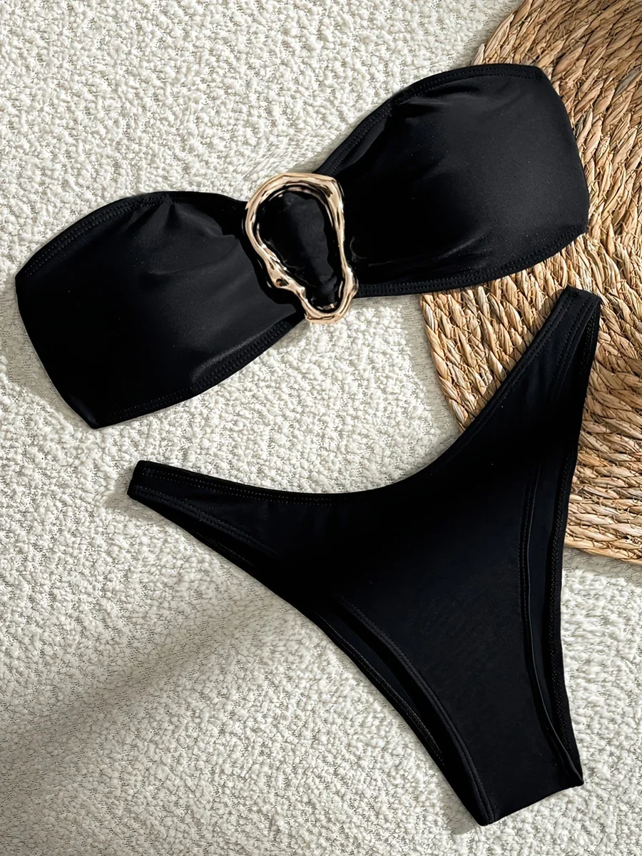 

XS - L Metal Ring Bandeau Bikini Women Swimwear Female Swimsuit Two-pieces Bikini set Brazilian High Cut Bathing Suit Swim Lady