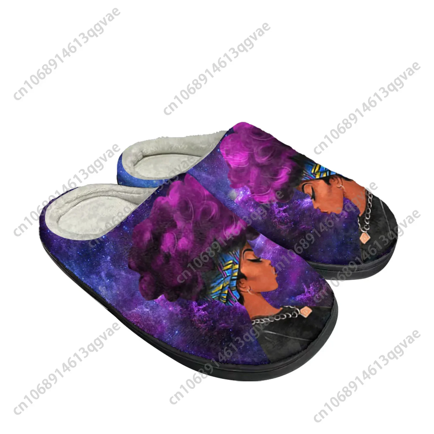 African Woman Black Home Cotton Custom Slippers Mens Womens Sandals Plush Bedroom Casual Keep Warm Shoe Thermal Slipper Black