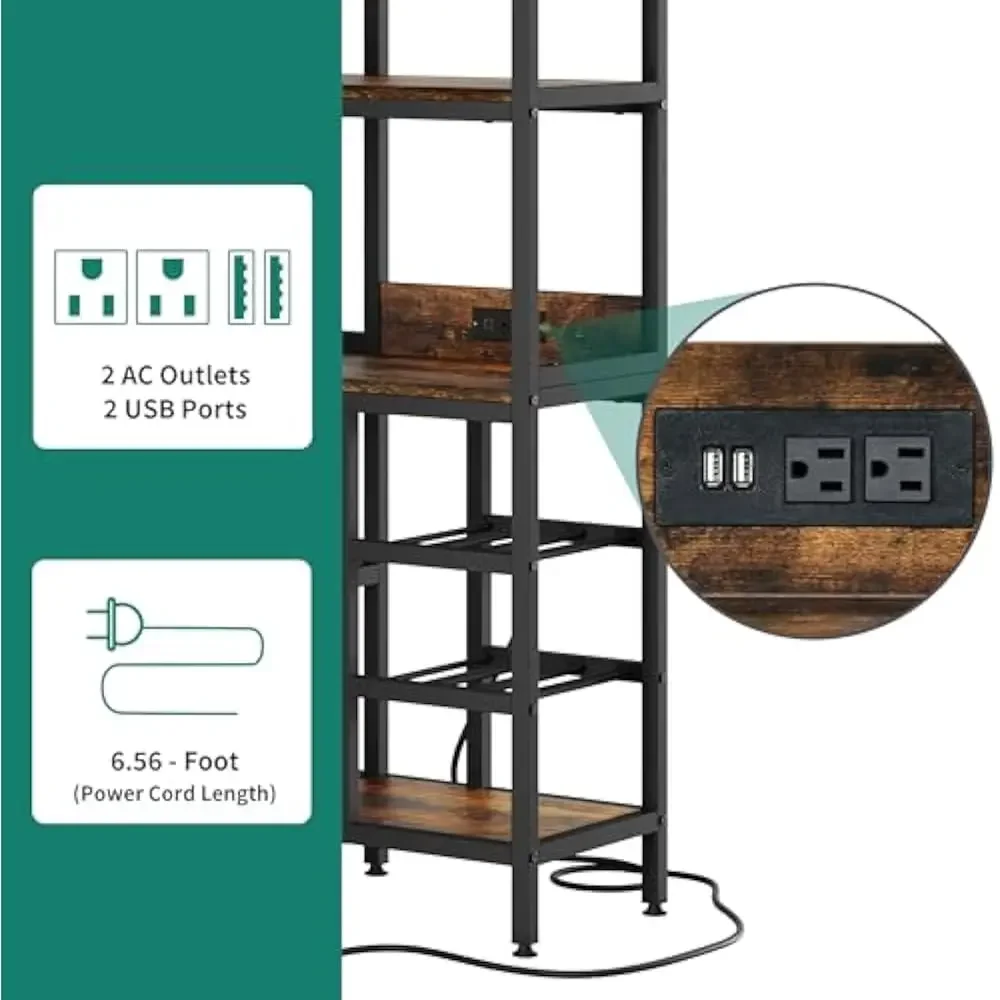 Rack de vinho de canto grande de 63 '', armário de barra de canto com tomada de energia e luz LED, armários de licor em forma de L de 5 camadas com suporte de vidro