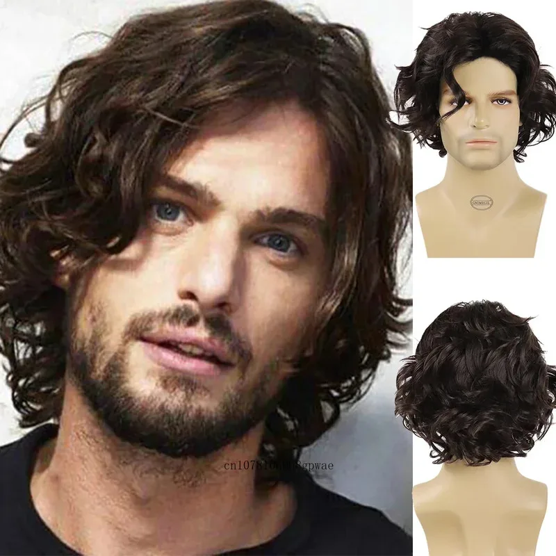 男性用ショートカーリーウィッグ-合成レイヤードウェーブブラウンウィッグ-コスプレ衣装-デイリーパーティー-ハロウィン-耐熱-自然な見た目