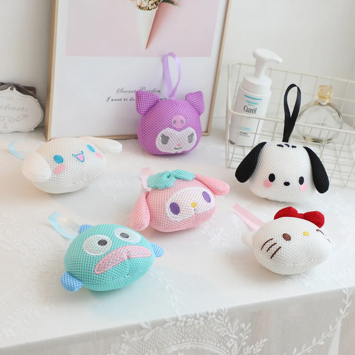 Soft Cute Cartoon Kuromi My Melody Hello Kitty Sanrios Bath Ball Kawaii Girls Children Hangyodon Towel Cleaning Mesh Shower Gift