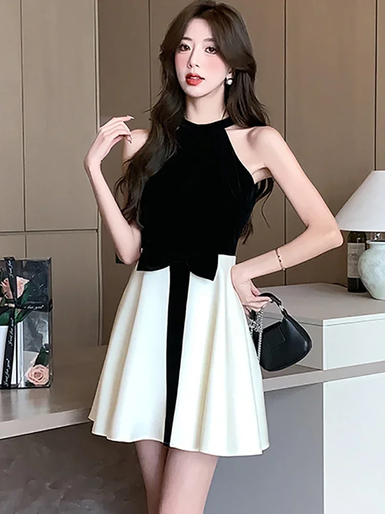 

Summer White Patchwork Bow Bow Mini Dress Women Fashion Chic Neck-mounted Sexy Club Dress 2024 Korean Vintage Luxury Party Dress