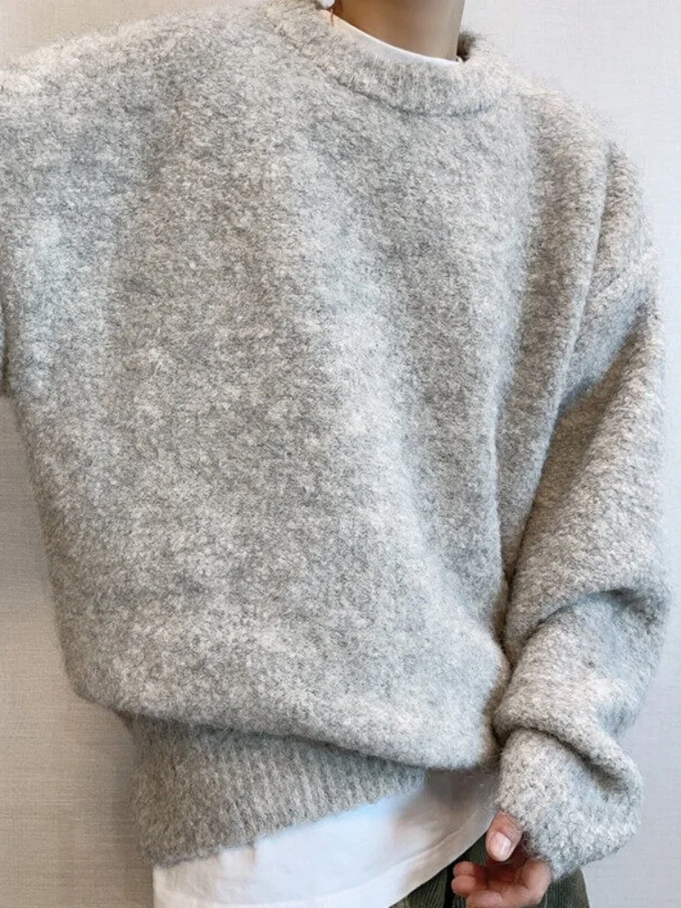 

Мягкий, пушистый, утепленный зимний трикотажный джемпер для мужчин с круглым вырезом, повседневный, свободного кроя, однотонный, комфортный, теплый базовый слой