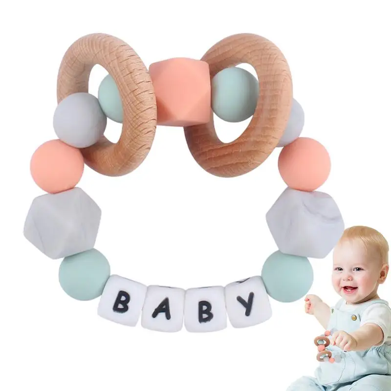 

Silicone Chew Bracelet Silicone Molars Wristband Chew Toys With Two Wooden Rings Teethers Wearable Teether Bracelet Teething Toy