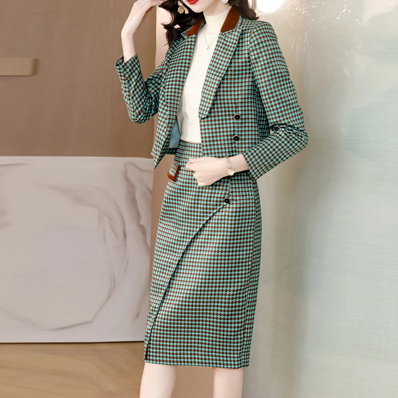 Printemps femmes Plaid formel affaires petit Blazer costume ensembles Elagant manteaux courts veste et jupes crayon costumes décontracté travail de bureau