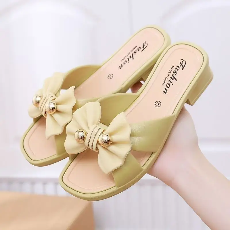 

Women Block Heel Bowknot One Word Slippers Summer New Soft sole Non Slip Fashionable Outdoor Match The Skirts Slippers Sandals