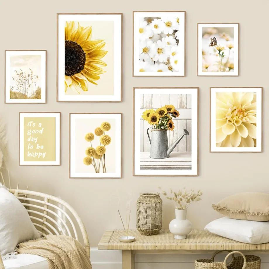 Yellow Dahlia Sunflower Orchid Butterfly Beige Wall  Canvas Painting Nordic Posters And Prints Pictures For Living Room Decor