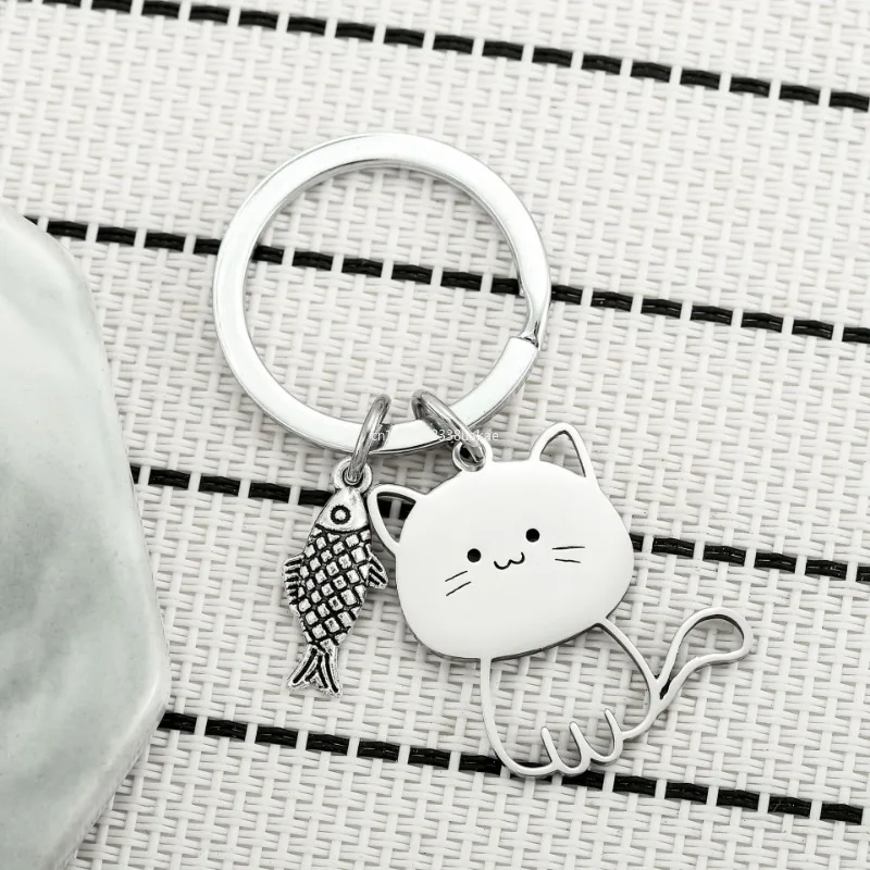 Stainless Steel Cartoon Funny Cat and Fish Keychain Unisex Student Bag Car Key Ring Pendent Couple New Trinket Gift Keyring 2025