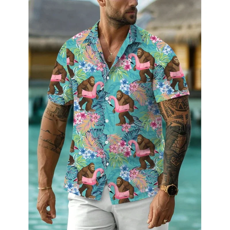 Men'S Allover Print Short-Sleeved Shirt With Turn-Down Collar And Full Button-Front Closure For Summer Shirts Loose Men Clothing