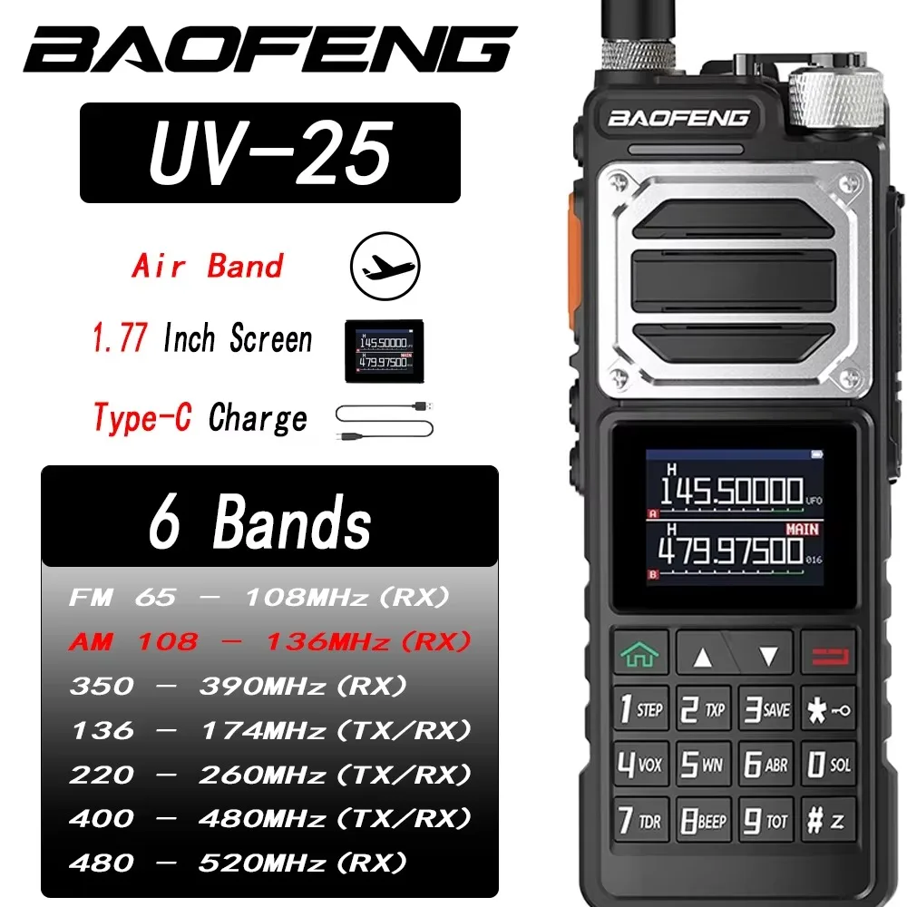Baofeng UV-25 Two Way Radio, UHF VHF Air Band AM Receiver, NOAA Weather Alert, 999 Channels Long Range Walkie Talkie, Type-C Cha