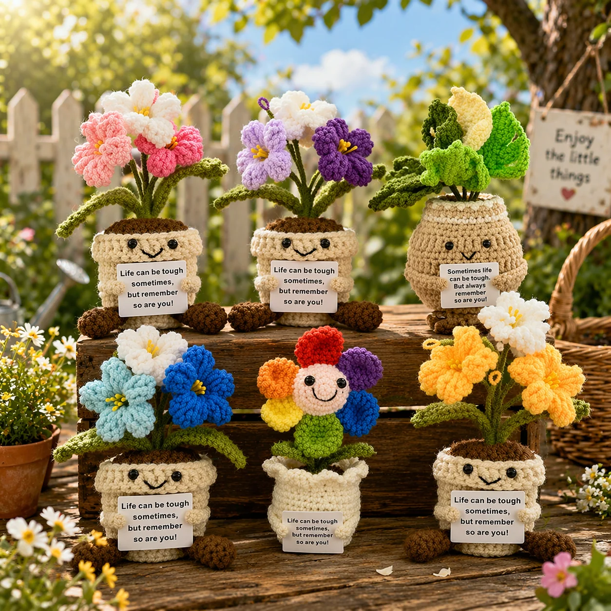 PlantSeries Positive Energy Crochet Flower Pot Handmade Knitted Potted Plant Hug with Encouragement Card Mini Desk Decor Gift
