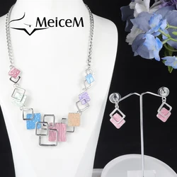 MeiceM Openwork Rhombus Enamel Pendant Necklace Earrings Sets Woman Geometric Necklace For Women Party Colorful Jewelry Gift
