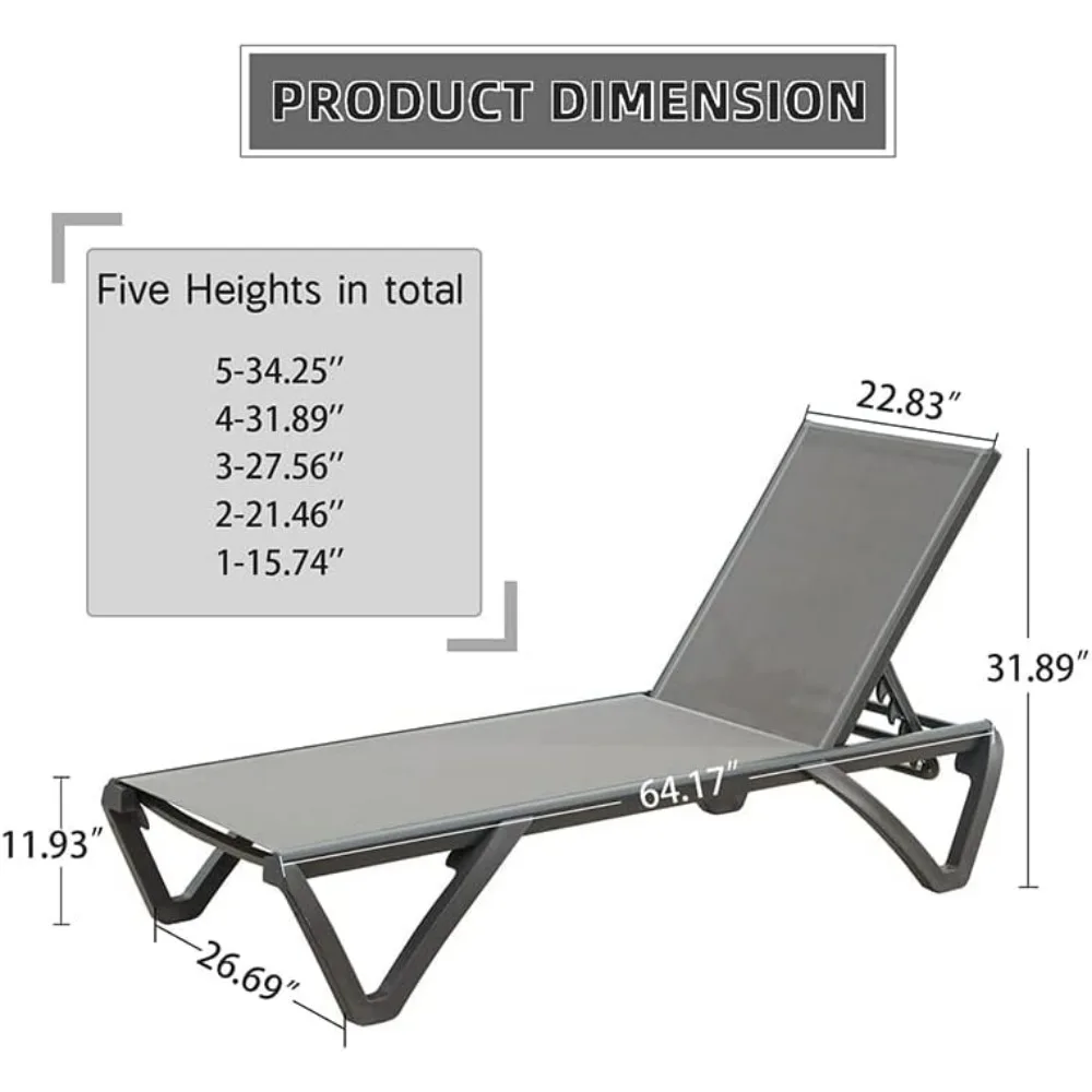 Aluminum Patio Chaise Lounge Set of 2,Domi Pool Lounge Chairs, 5 Position Adjustable Backrest and Wheels, All Weather Outdoor