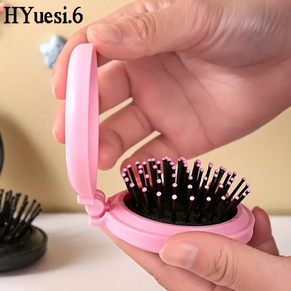 Mini Foldable Round Massage Hair Comb Travel Multifunctional Compact Hair Brush With Mirror For Women Girls Styling Tools