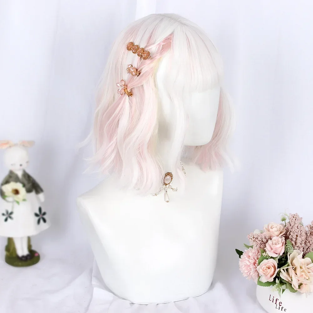 Short Ombre Pink White Wavy Curly Wigs with Bangs Lolita Cosplay Synthetic Women Hair Wig For Daily Party