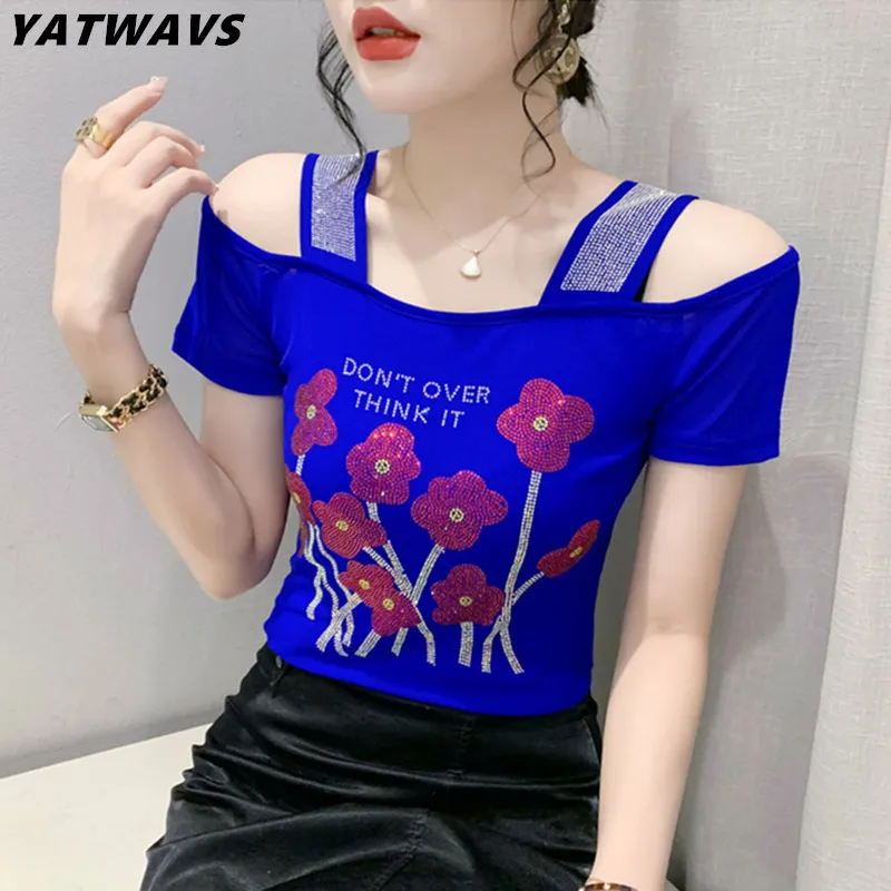 High-End Summer New Sexy Off Shoulder T-Shirt Luxury Fashion Flower Hot Diamonds Women Tees Sweet Girl Slash Neck Tops M-3XL