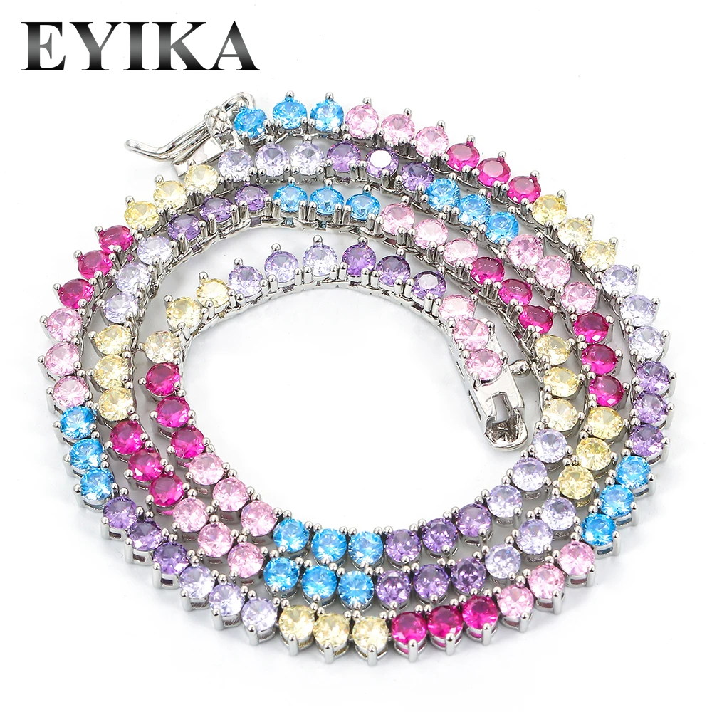 EYIKA Multicolor Tennis Chain 3mm Iced Out Zircon Gold Silver Color Hip Hop Choker Necklace Fashion Men Women Jewelry Party Gift