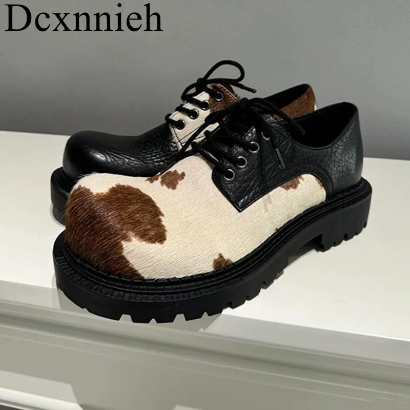 

Flat Thick Sole Round Toe Derby Shoes Horsehair Leather Patchwork Mixed Color Lace Up Autumn British Style Walking Shoes Unisex