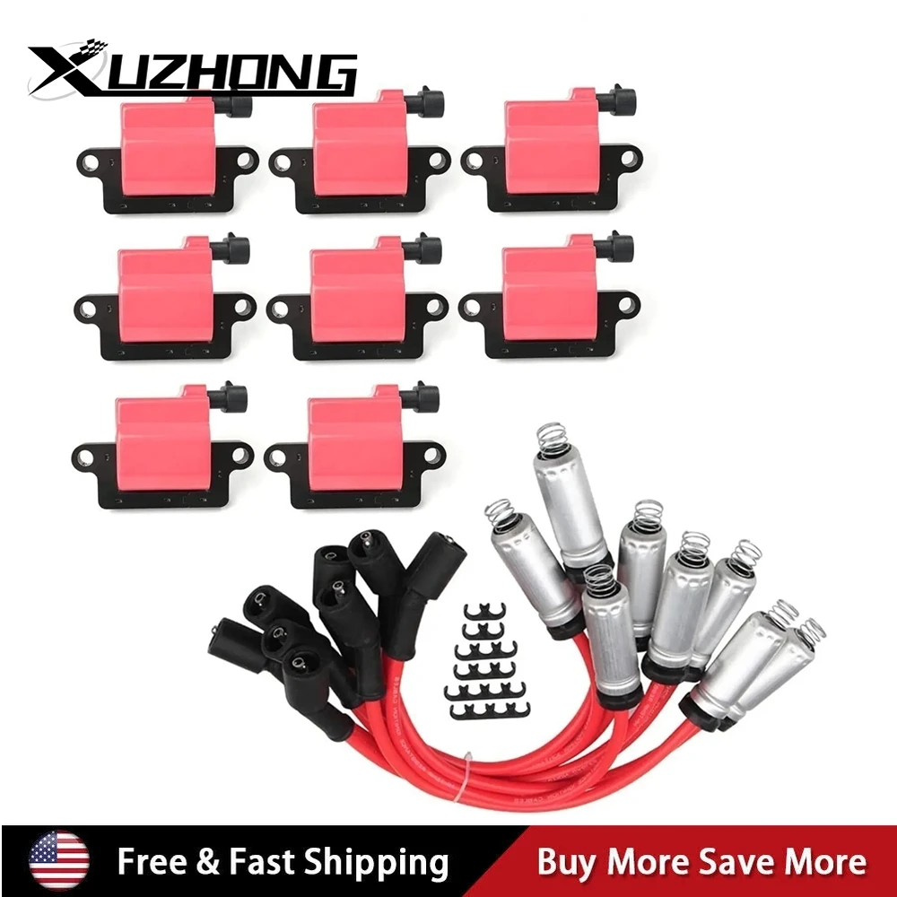 

8x Red Square Ignition Coil & Spark Plug Wire For Chevy GMC 4.8L 5.3L 6.0L 8.1L