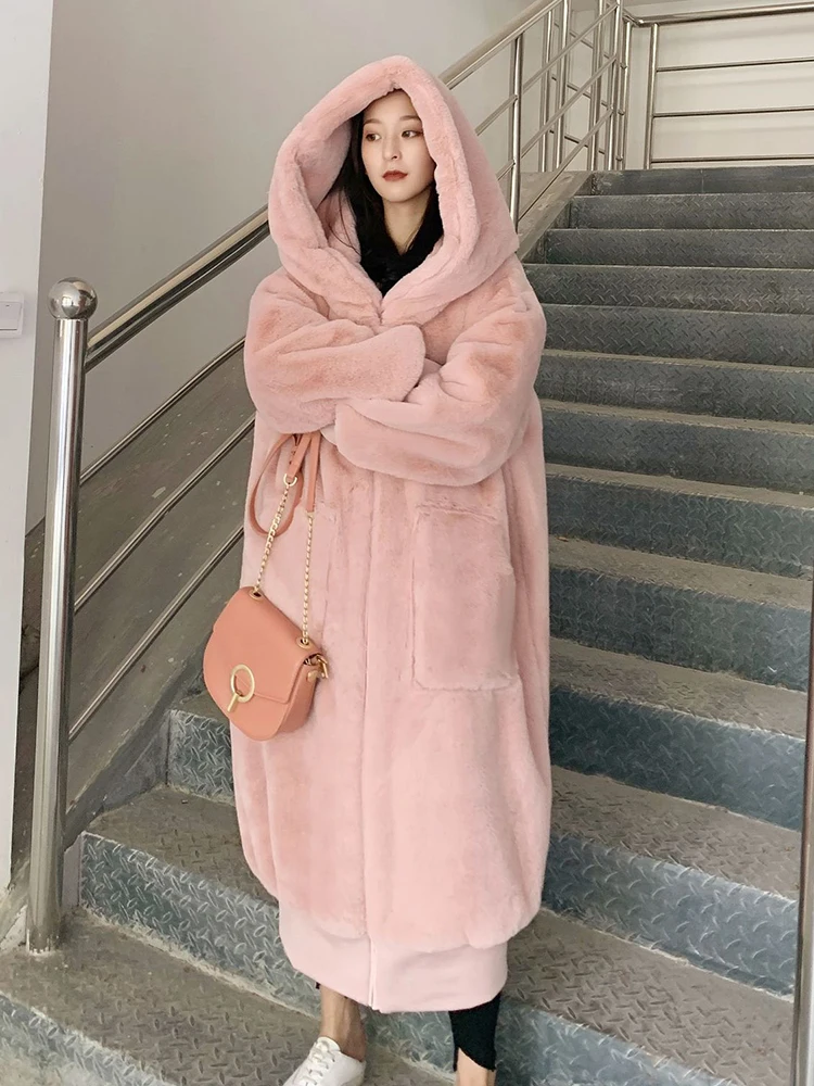 ZADORIN High Qaulity Long Faux Rabbit Fur Coat With Hood Women Fashion Long Sleeve Thick Warm Winter Fur Jacket Manteau Fourrure