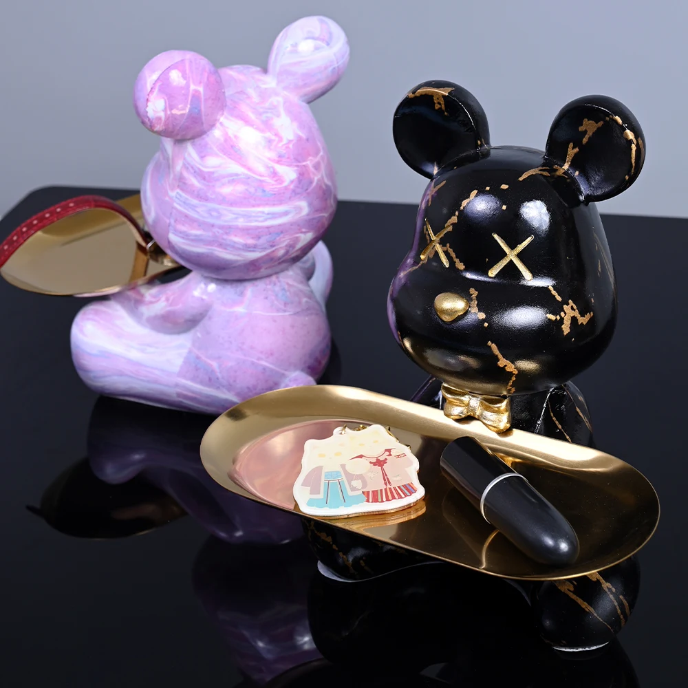 Interior Resin Colorful Bear with Tray for Keys Holder Table Decoration Accessories Animal Figurine Decorative Statues Home Gift