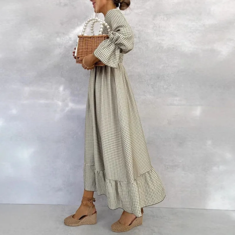 Fall Puff Sleeve A-Line Boho Dress Retro Plaid Print O-neck Button Pleated Long Dress Spring High Waist Loose Womens Party Dress