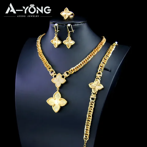 Italian Jewelry Set 21k Gold Plated Zircon Dubai Luxury Necklace Bracelet Earrings Ring Sets Women Wedding Birthday Party Gifts