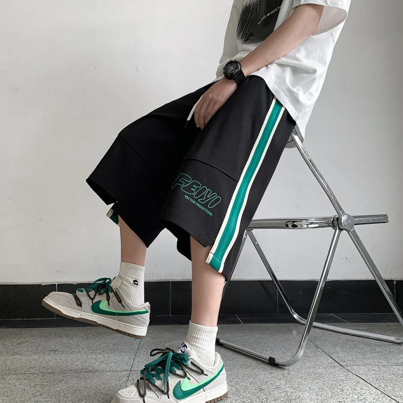 

Мужские летние тонкие брюки прямого кроя длиной 7/8, повседневные спортивные брюки в американском стиле High Street, модные брюки с боковыми полосками