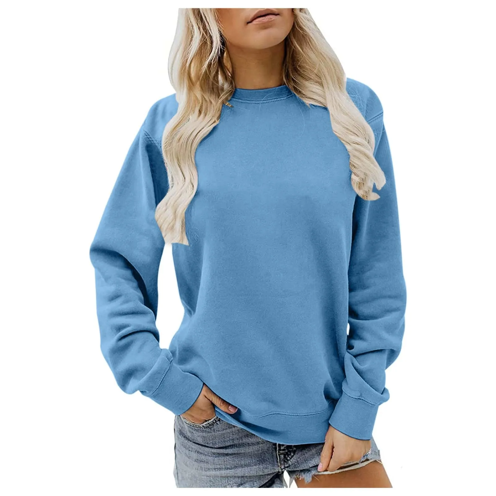 

Womens Basic Solid Color Casual Tops Long Sleeve Crew Neck Pullover Tops For Women T-Shirts Loose Fit Bottoming Sweater Female