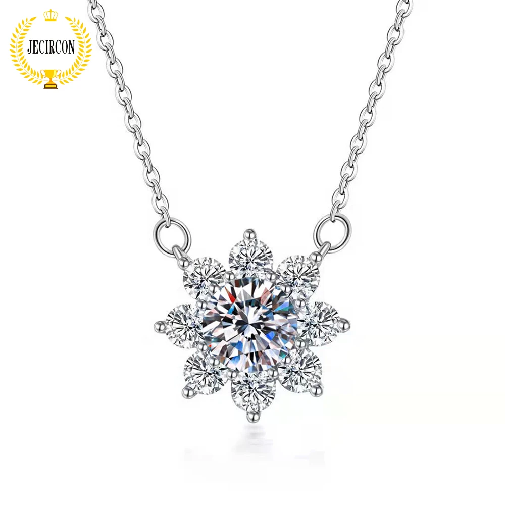 

JECIRCON-925 Sterling Silver Shiny Moissanite Necklace for Women Snowflake Pendant Clavicle Chain 18K White Gold Wedding Jewelry