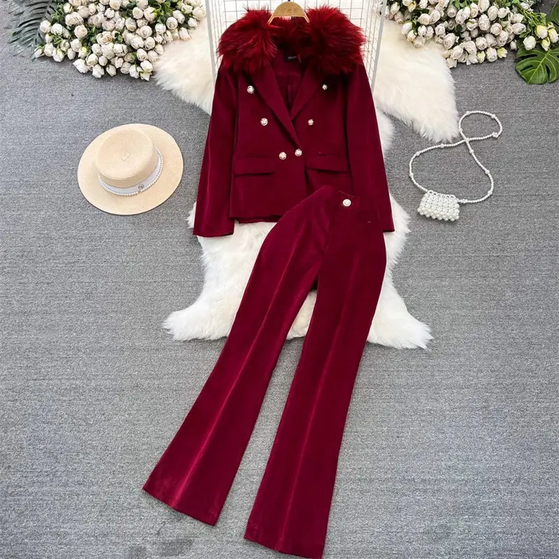 

Fashion Corduroy Blazer + Trousers Set Temperament Fur Clollar Splice Suit Coat Two Piece Casual High Waist Wide Leg Pants Z3315